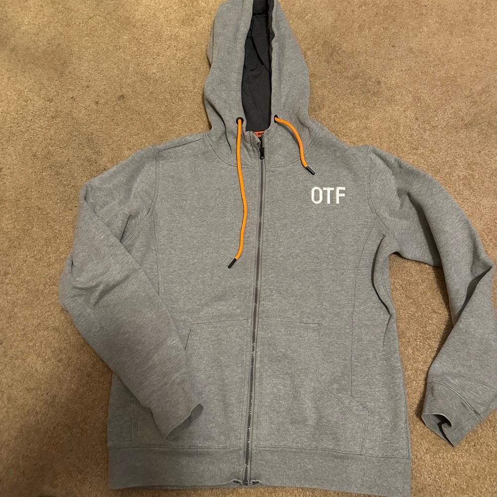 Gray Zip-Up Hoodie with Orange Drawstrings